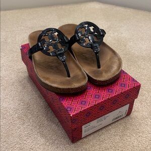 Tory Burch Black Patented Leather Miller Cloud Sandal Size 9